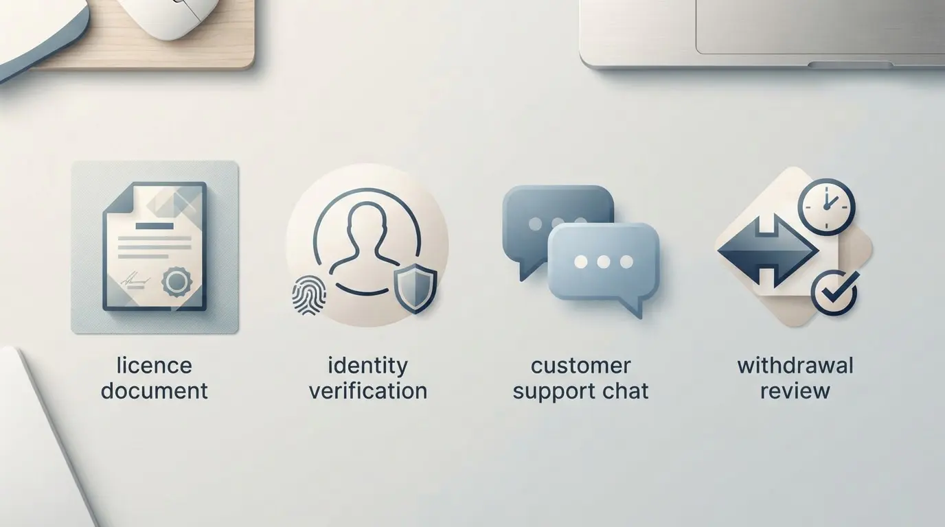 Neutral illustration af kontrolpunkter for licens, KYC, kundeservice og udbetaling