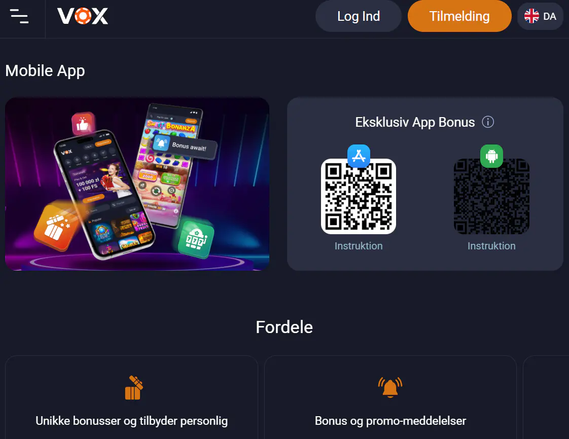 Vox Casino officielle mobilside med iOS- og Android-instruktioner