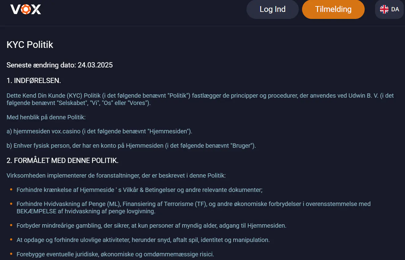 Vox Casino registrerings- eller KYC-skærm uden personlige oplysninger