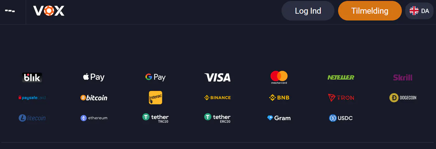 Vox Casino betalingsside med betalingskategorier